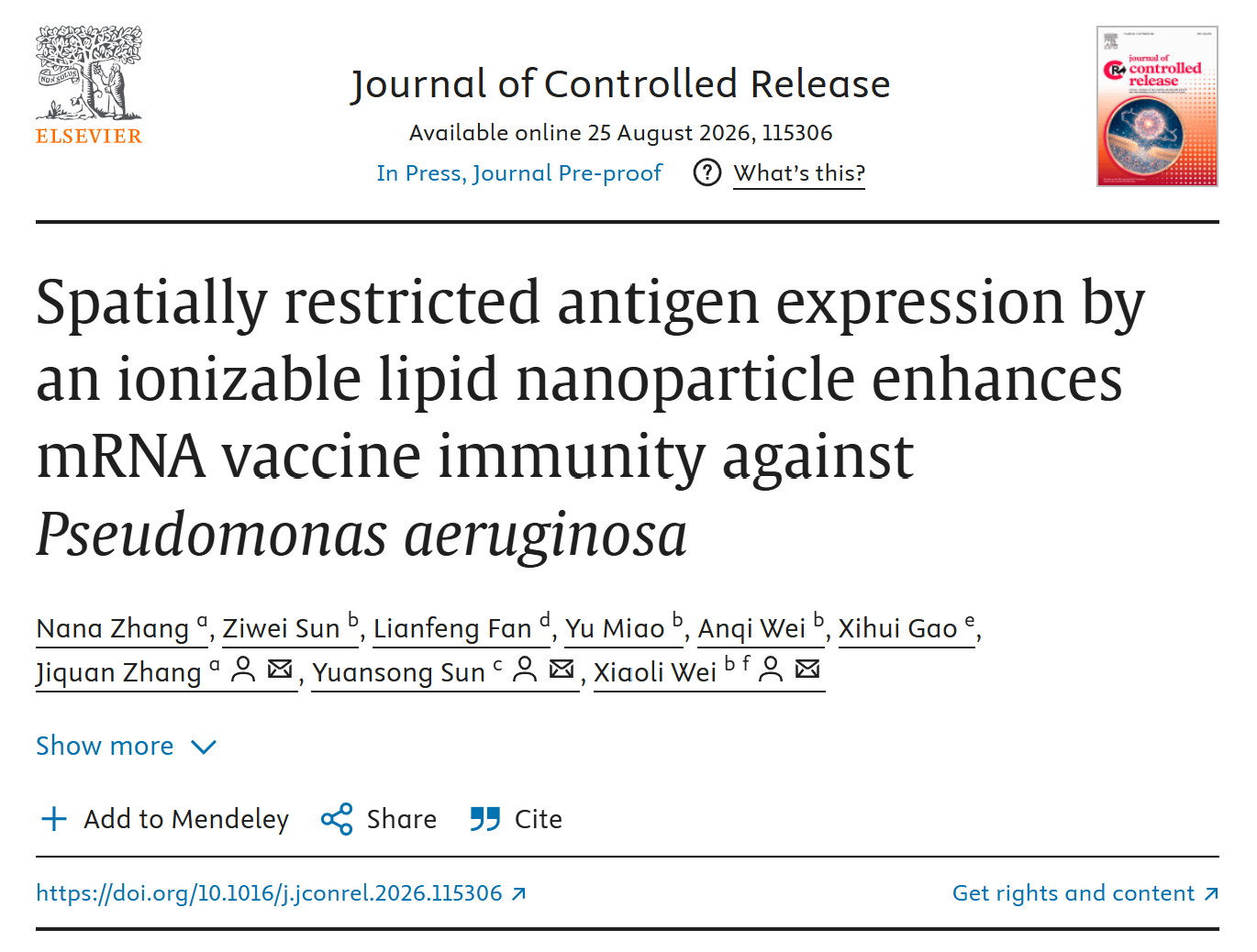 我院药物化学系张吉泉教授在mRNA疫苗精准递送研究领域取得新进展